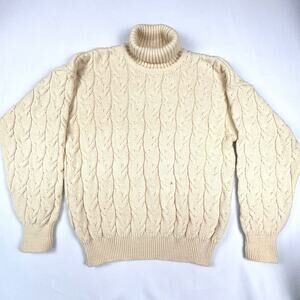 Vtg Sportscraft Australian Merino Wool Sweater Mens M Cream Turtleneck Cable Kni